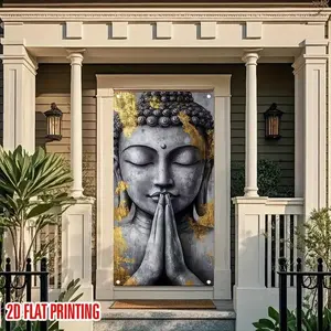 1pc 35.4 x 70.8 inch 2D flat Serene Gilded Buddha Statue Pattern door banner, seasonal decoration, suitable for home, parties, scene decoration, celebrations, front door hanging decoration, holiday home decoration, and outdoor use. 0107LYY