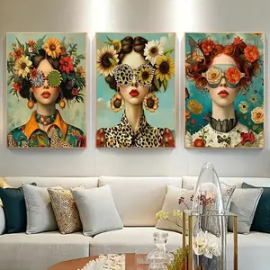 3PCS/set Frameless Contemporary Minimalist Girl with Glasses Painting and Floral Pattern for Living Room Decorative Painting Ideal Gift Art Wall Decoration Artwork For Walls