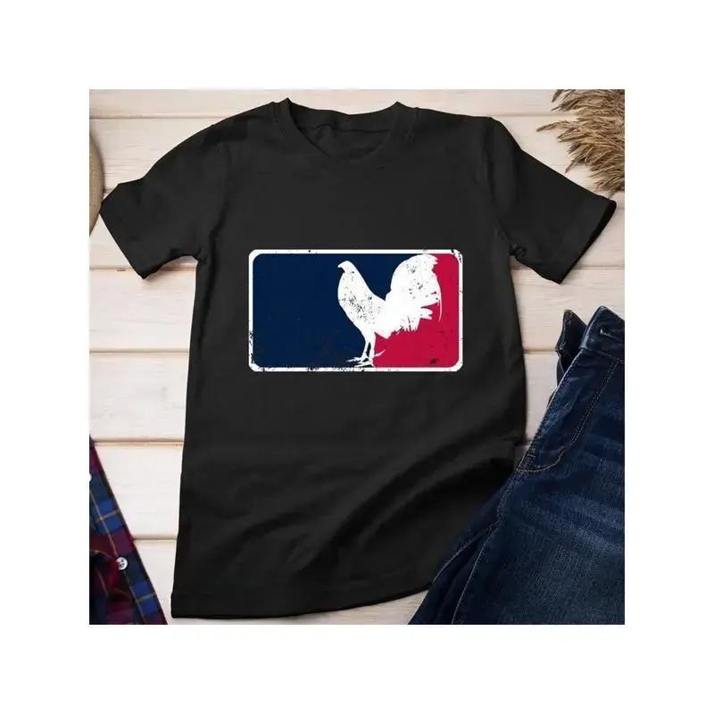 Vintage GameFowl Major League Rooster Graphic T-Shirt, 100%25 Cotton, Black with Red & Blue Stripes, Casual Crew Neck for Parties, Sports & Outdoor Activities