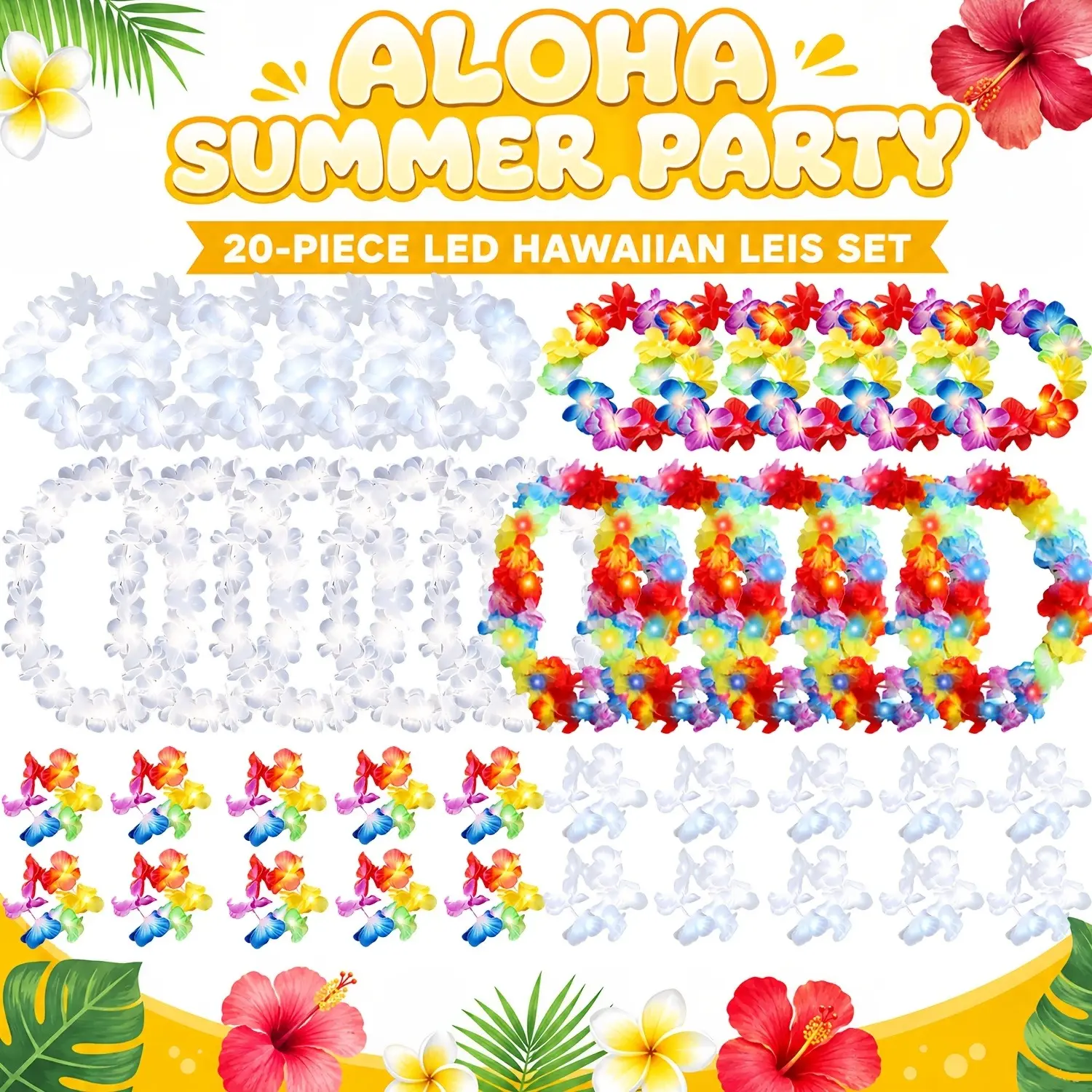 Micrency 20-Pack Hawaiian-Style Colorful and White Leis, Festive Party Supplies, Tropical Beach Decor for Weddings, Outdoor Events