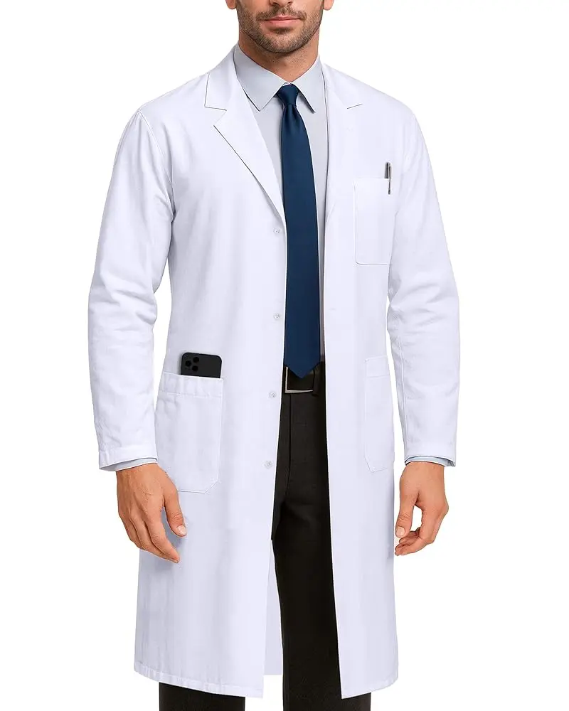NY Threads Men's Professional Lab Coat, Long-Sleeve Polyester Blend Workwear for Medical & Science, Chemical Resistant with Side Slits