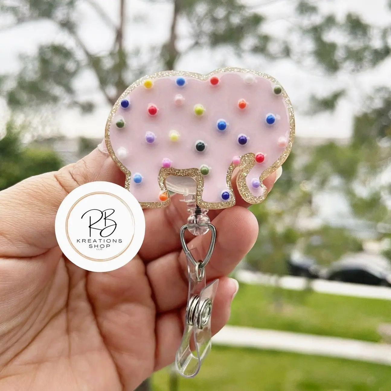 Pink Chubby Elephant Animal Cookie Badge Reel |Pink Animal Cookie | Cookie Badge Reel | Cute Badge Holder | Nurses | Retractable |