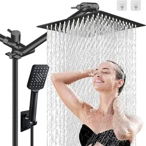 rain shower head with handheld spray,10''High Pressure Rainfall Shower Head / 3 Setting Handheld Shower head Combo with 11'' Extension Arm and 78" Extra Long Hose/Square Rain shower head(Chrome),Summervibes