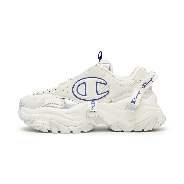Maison Mihara Champion Logo Patchwork Retro Dad Sneakers - Cream & Blue Closed Casual Walking Sports Trainer for Men - Official House White Athletic Shoes