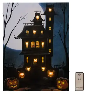 LumaBase Battery Operated Lighted Wall Art Haunted Mansion with Glowing Jack O' Lanterns and Full Moon LED Lights Remote Control Included Halloween Home Décor