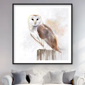 212 MAIN Barn Owl Framed Matted Photo Print Wall Art - 48x48 in Brown Wood Animal Nature Artwork, Scandinavian Room Decoration, Artistic Home Decor Gift for Home Supplies
