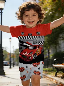 Red and Black Cars-themed Kids Casual Digital Printed Baby Short-Sleeve Set, Casual Toddler Clothing, T-shirt suitable for daily wear and outdoor activities, 100% polyester, the perfect gift for infants and young children!