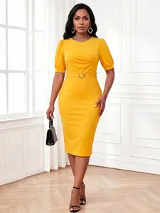 A-line Skirt And Figure-hugging With Short Sleeves and A Belt  Mid-length Dress Elegant And Graceful For Dates Commuting And Daily Wear