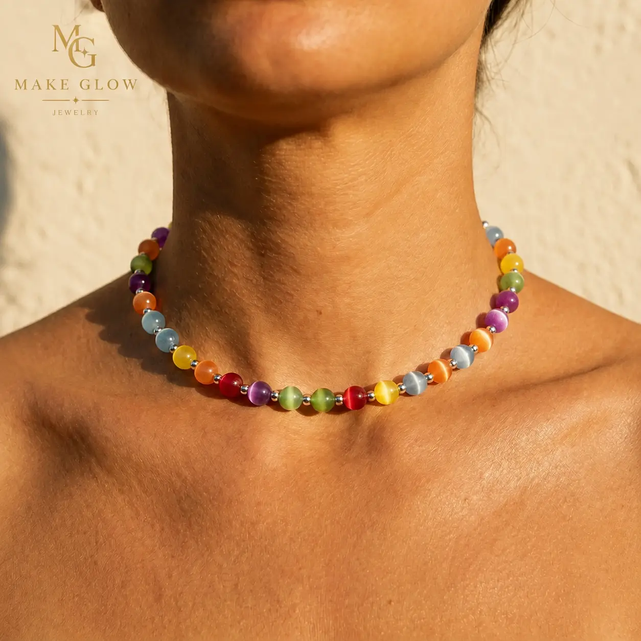 Rainbow Beaded Choker - UV Reactive Waterproof Stainless Steel Adjustable Necklace, Daily Versatile Chain, Funky Unique Whimsical Colorful Jewelry, Summer Costume Accessory