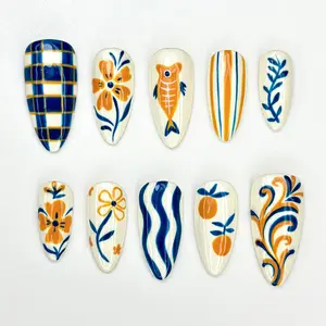 Summer Pottery Press On Nails | Blue Orange Floral Nail Art | Greek Pattern Summer Nails | Hand Painted Ceramic Style Nails