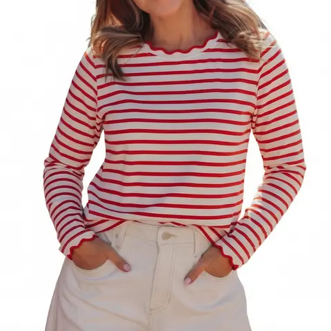 Asvivid Women's Striped Long Sleeve Top Cotton Scalloped Trim Round Neck T Shirt Casual Basic Going Out Stripe Basic T Shirt Cute Tee Tops for Spring Fall Fashion Womenswear Tshirt #