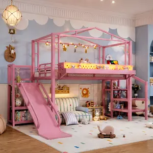 ARCH Twin Size Loft Bed with Storage Stairs, Shelves and Built-in Wardrobe, Metal Frame with USB Ports and LED Lights, Noise-Reduced Design, MDF+Metal, Pink, for Kids Teens Dorm Bedroom, Space-Saving, Twin Size Options, Pink Color Options
