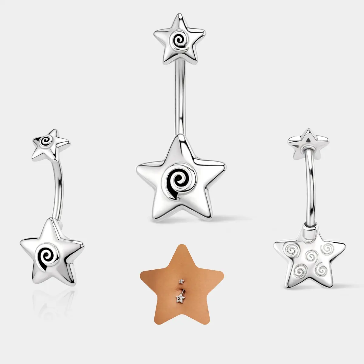 OUFER BODY JEWELRY 14G Stainless Steel Spiral Stars Internally Threaded Belly Button Ring - 10cm Bar Length, Stylish Belly Button Rings, Secure Fit, Women's Body Jewelry, Everyday Wear, Belly Piercing Jewelry