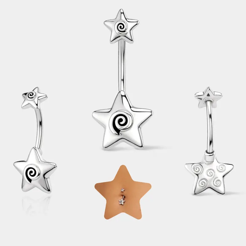 OUFER 14G Stainless Steel Spiral Stars Internally Threaded Female Belly Button Ring - 10cm Bar, Secure Fit, Stylish Funky Body Art Piercing Jewelry, Everyday Wear