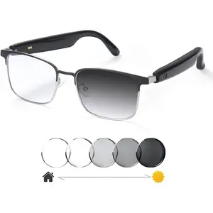 Smart Bluetooth Glasses for Women Men with Speaker Physical Color-Change Anti-Blue Light Polarized Built-in Microphone for Android iOS (Silver Frame)