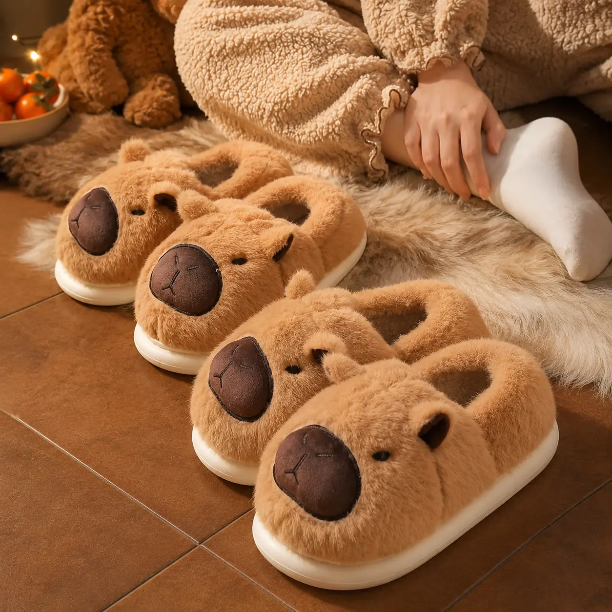 Plush Capybara Slippers, Cute Animal Face Fluffy Slides for Women Men, Soft Comfortable Slip On Warm Indoor Wear, Female, Fuzzy Plush, Cotton Blend, Fuzzy Texture, Capybara Theme