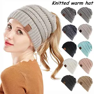 European and American Autumn and Winter Beanie Hat Popular Knitted Ponytail Hats Women Wool Beanie Hats