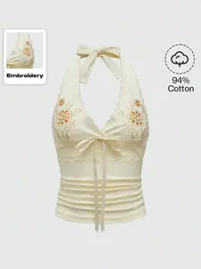 OLIVIA Hippie Women Embroidered Decor Simple Daily Halter Neck Tie Camisole
