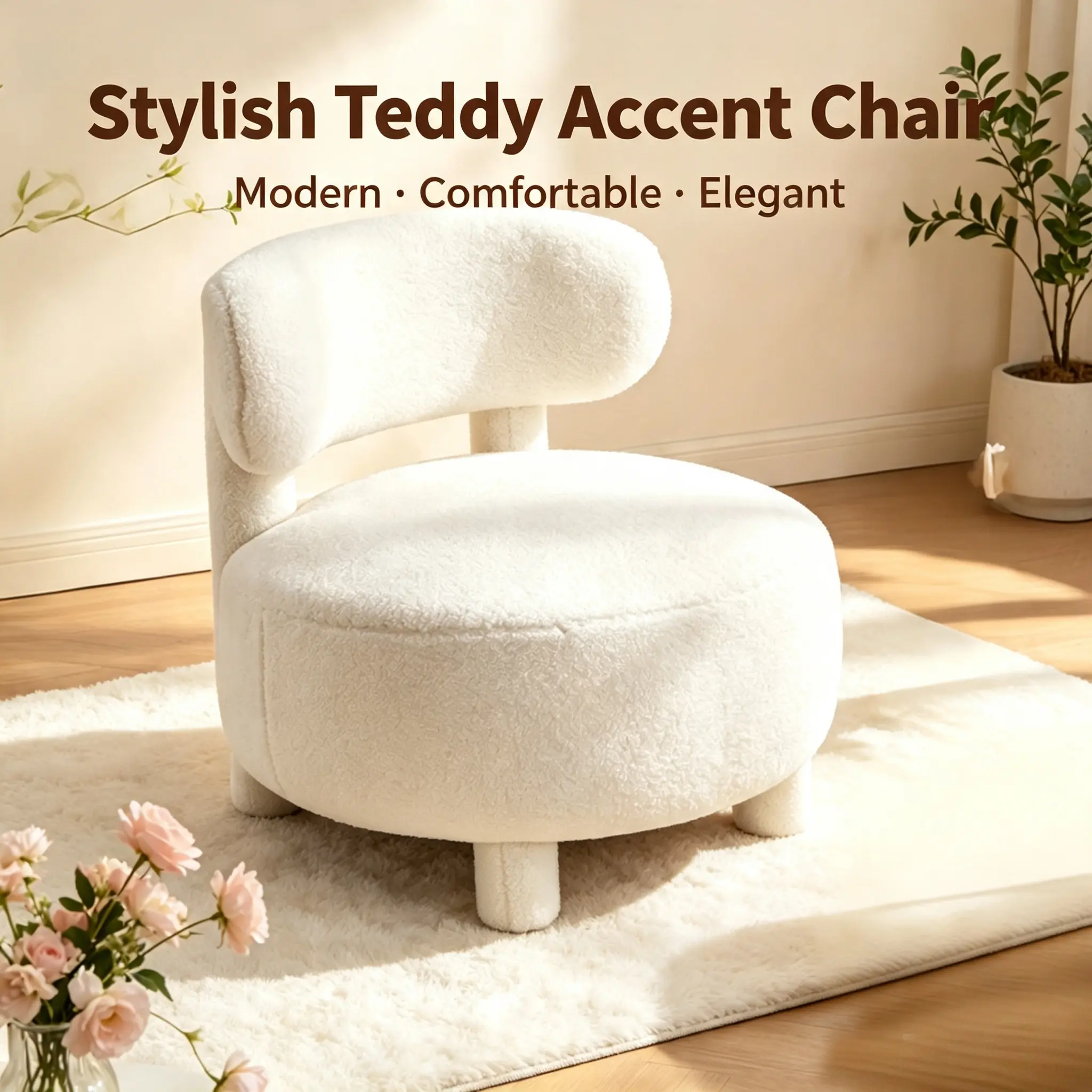 Teddy Accent Chair Curved Backrest Solid Wood Legs Comfy Slipper Chair for Living Room Bedroom Vanity Reading Nook, White indoor furniture