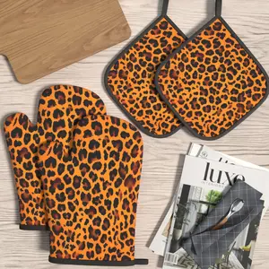 4pcs Heat Resistant Oven Mitts And Potholders Orange Leopard Print Oven Mitts And Pot Holders Sets Suitable For Kitchen Decoration, Cooking, Grilling, Baking And Great Holiday Camping Picnics Gifts