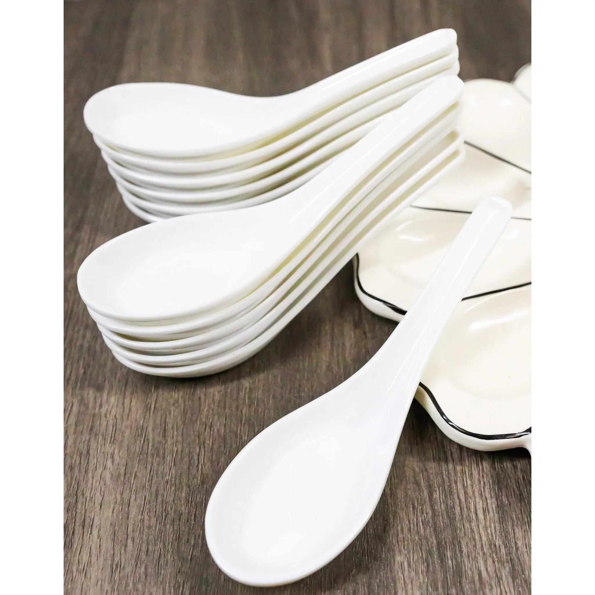 12-Piece Contemporary Glossy White Melamine Material Asian Soup Spoons Set, Kitchen Cutlery & Tableware