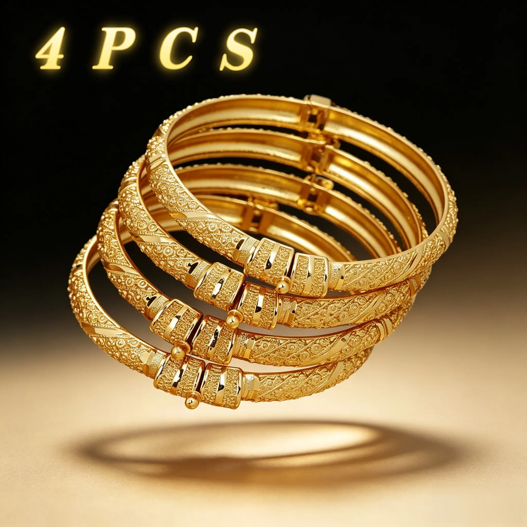 18K Gold Plated Openable Clasp Bangle Vintage Textured Carved Gold Bracelet Dubai Style Luxury Women Jewelry Stackable Glossy Metal Wrist Cuff Anti‑Tarnish Snap‑Lock Design Formal Wedding Banquet Daily Dating Party Bridal Gift Fashion Statement Accessory