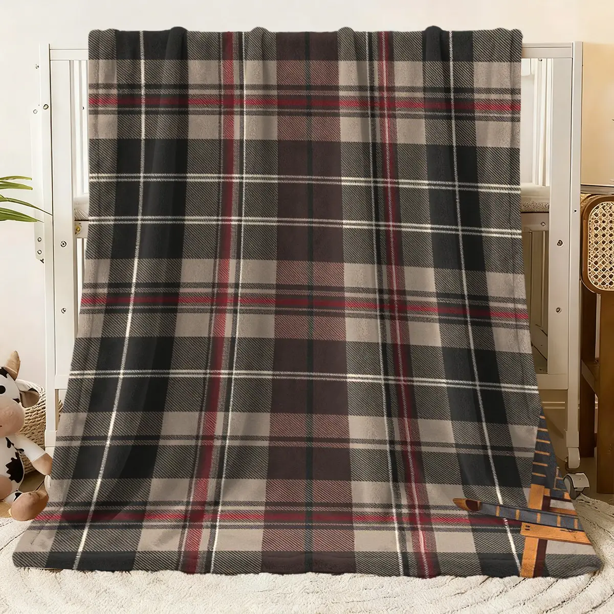 Classic Tartan Plaid Flannel Blanket - Elevate your home comfort with this ultra - soft flannel blanket featuring a timeless plaid pattern in rich dark gray, burgundy, and white tones. Crafted f
