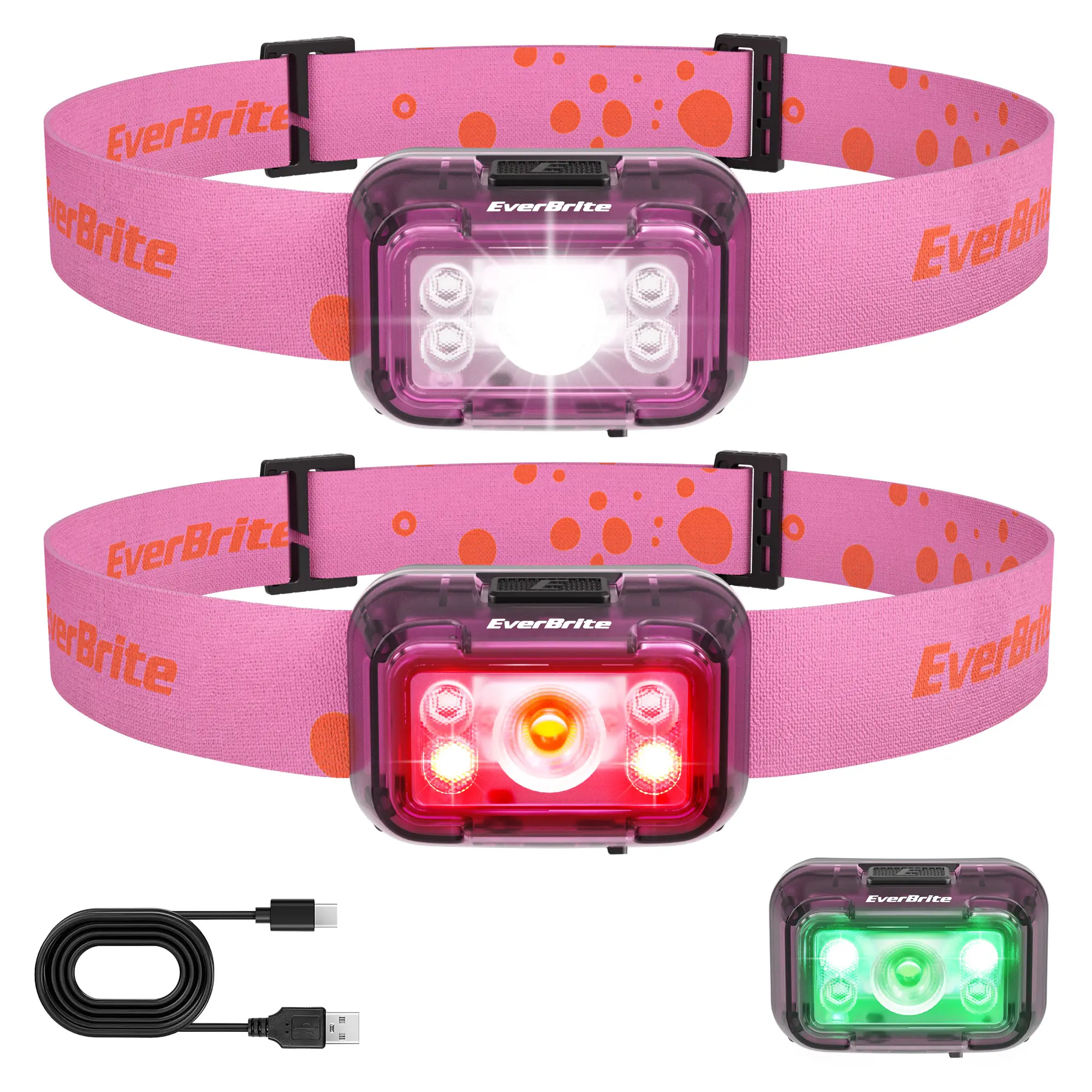 #fathersdaygift EverBrite Rechargeable Headlamp, 2 Pack Kids Headlamp with White/Red/Green Light and Memory Function, Head Lamp for Adult and Kid with 5 Modes, 120° Adjustable LED Headlamp for Camping, Running-Pink