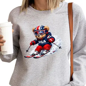 USA Ski Team Unisex Sweatshirt, 2026 Winter Crewneck, Skiing Teddy Bear Pullover