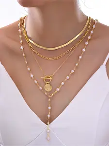 4pcs Pearl & Gold Chain Y-Necklace Set (Snake Chain + Pearl Chain + Round Tag Clasp Design) Suitable for Camisole Dresses & Date Parties Luxury Retro High-End Elegant Neckwear Dainty Layering Jewelry
