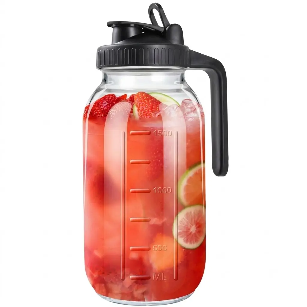 64 oz Glass Mason Jar Pitcher - Kitchen Drinkware with Handle, Airtight Pour Spout Lid, 2-qt Leak-Resistant Container for Iced Tea, Cold Brew, Refrigerator Storage