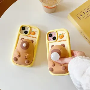 Cute Capybara Cartoon Silicone Phone Case with Bubble Pop Fidget Toy for iPhone 11 12 13 14 15 Pro Max - Stress Relief Protective Cover
