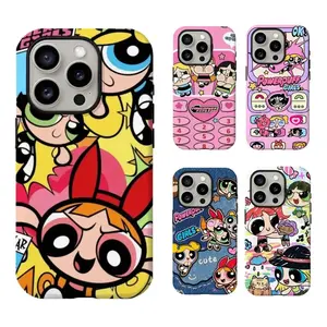 Kawaii Powerpuffs Anime Girls Film Shell Painting Cute Phone Cases  for iPhone 17, 16, 15, 14, 13, 12, 11 Pro Air Plus ProMax and Samsung S26-S22 Plus shock-absorbing phone cases, fashionable gift. lovely