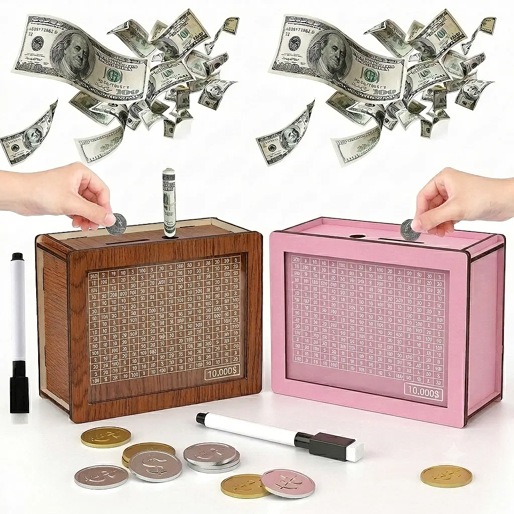 $10000 Savings Challenge Box, Money Saver Box 1k Smash, Wooden Digital Save Piggy Bank for Adults Kids, Cash Vault Wooden Savings 10,000 Dollar, Caja De Ahorros, Cashbox Kakeibo