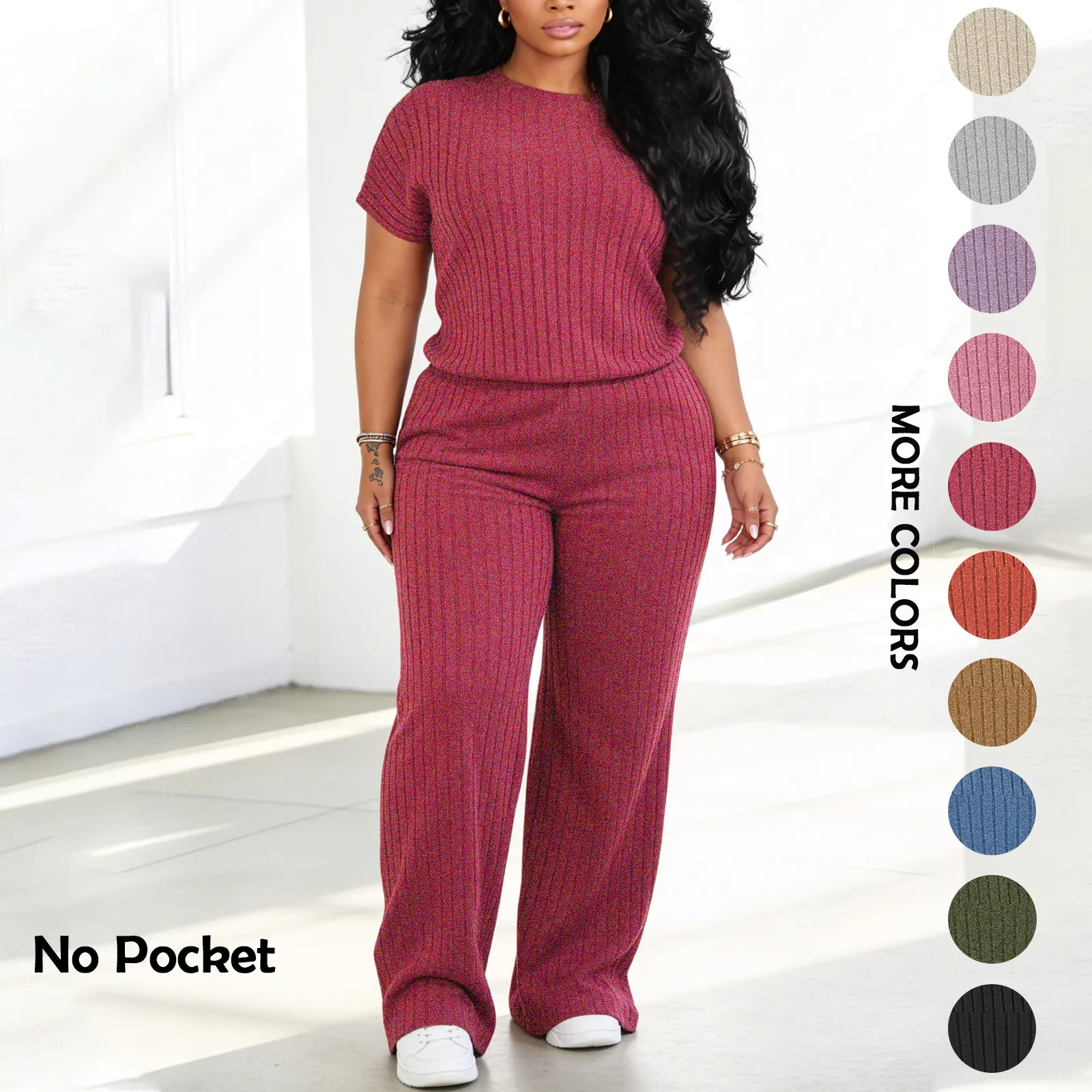 Women Solid Brushed Ribbed Crew Neck Batwing Short Sleeve Fitted Top Wide Leg Pants Two Piece Matching Suit Minimalist Cozy Casual Daily Outdoor Spring Summer Autumn Ladies Clothes Soft Loungewear Tracksuit Daily Fashion Batwing Outfit Womenswear summerwi