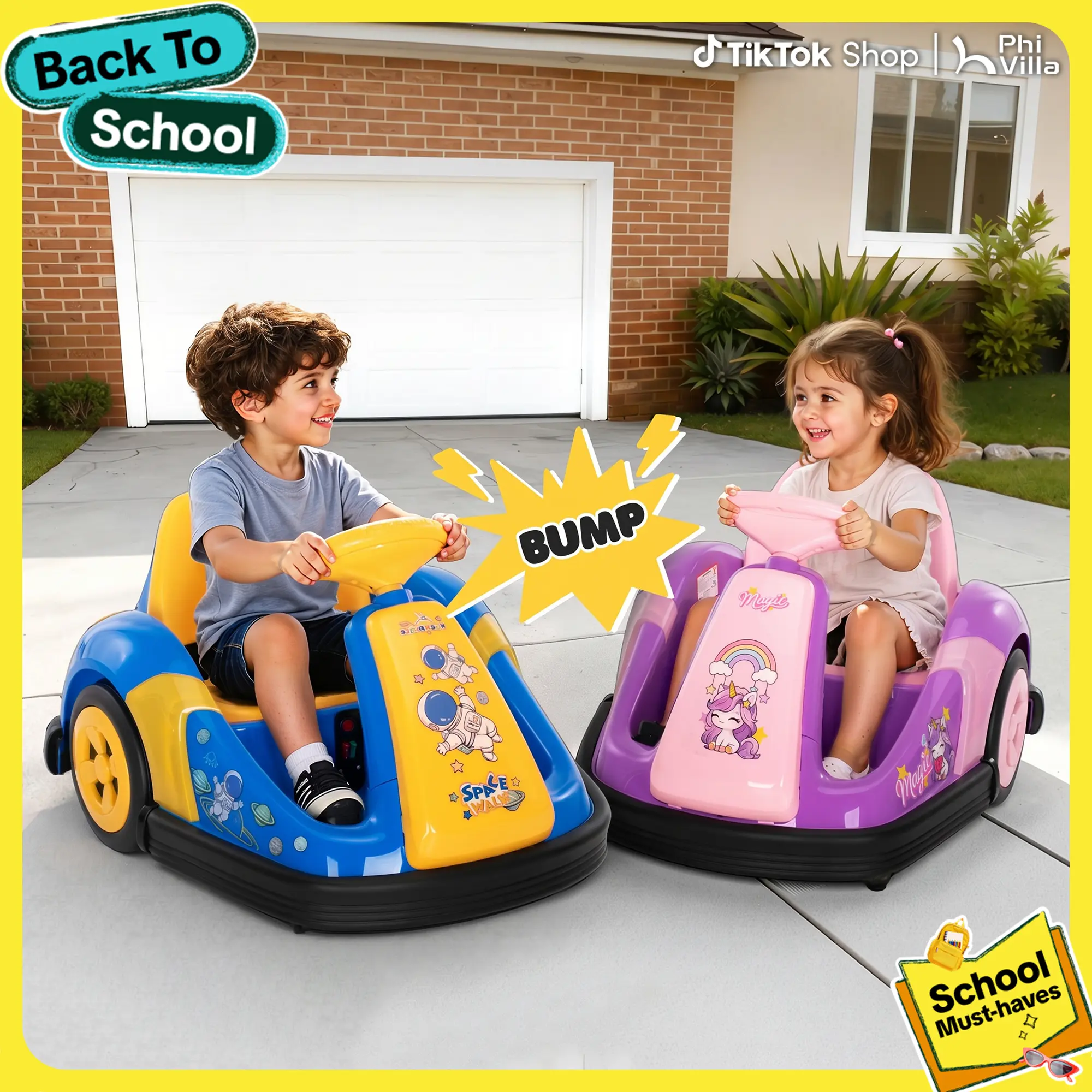 PHIVILLA Toddler Bumper Car with Big Wheels, 2-3.5 Mph, 3 Speed Mode, Ride On Toys for Toddlers with DIY Stickers, 12v Electric Bumper Cars for Kids with Bluetooth, 3-Color LED Light, TikTokShopBackToSchool