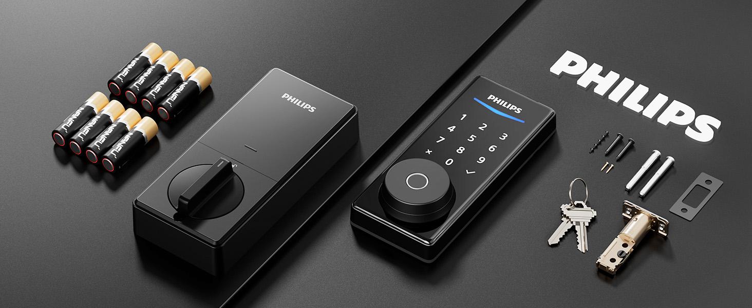 Philips Built-in WiFi Smart Lock, Keyless Entry Door Lock with App, Touchscreen, Fingerprint Door Lock — Compatible with Alexa & Google, Splash-Proof Design, Includes 8 Batteries, Black