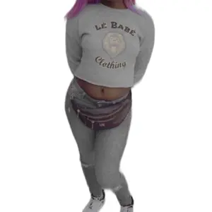 Lè Babè Clothing Women's Crop Sweater - Gray Long Sleeve Crew Neck Casual Top with Logo Print Knitwear Womenswear