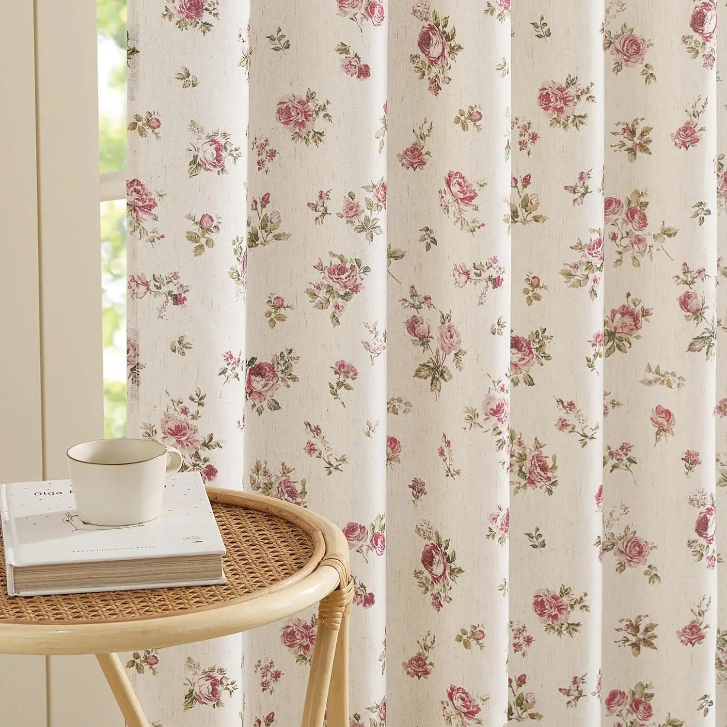 NICETOWN Vintage Rose Floral Curtains for Bedroom, Linen Blend Drapes with Shabby Chic Pattern, Privacy & Light Filtering, Romantic Country Style, 2-Panel Vintage Home Decor Curtains