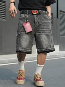 Men's Summer Streetwear Vintage Loose Fit Distressed Ink Wash Breathable Knee-Length Denim Shorts, Essential Fashion for Men