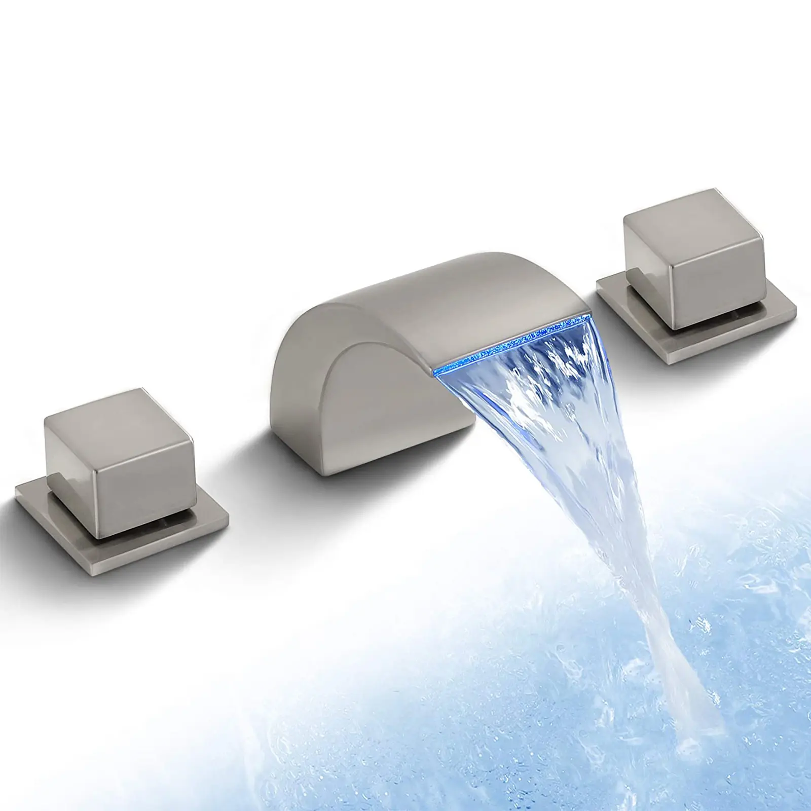 LED Waterfall Bathroom Faucet Brushed Nickel 3-Hole Widespread 2-Handle Basin Mixer Tap with Curved Wide Spout & LED Light for Bathroom Vanity Countertop Sink