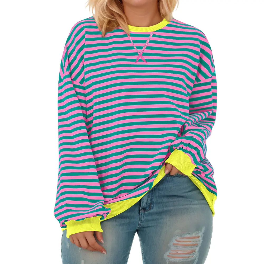 Women's Plus Size Chic Loose Oversized Sweatshirt - Cute, Crewneck (Round Neck), Long Sleeves, Striped Colorblock Pullover, Comfy Lightweight Fabric - Casual Day Top for XL-5XL, Suitable for Party, Basics