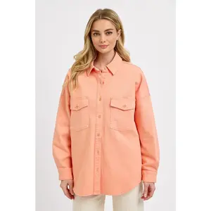 RISEN Full Size Button Down Long Sleeve Denim Shacket with Chest Pockets Plus Size