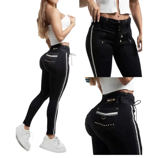 Colombian jeans with premium rhinestones for women, push-up effect that enhances the buttocks, high-waisted stretch fabric, fitted cut with a sexy and elegant design that accentuates curves. Beautiful black denim jeans