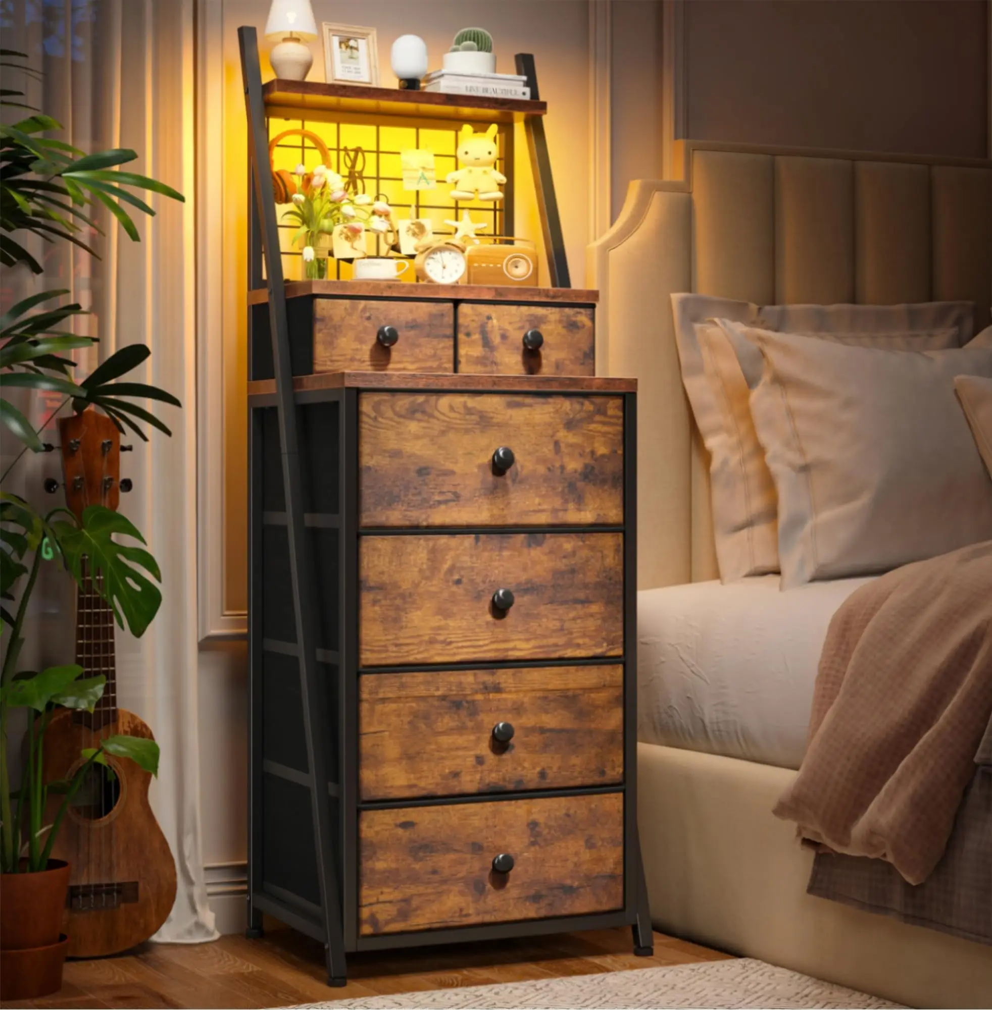 Raybee Furniture Vertical Dresser for Bedroom 6-Drawer LED Dresser with X-Support Bar, Thick Metal Frame & RGB Light Strip, Multipurpose Storage [Fall