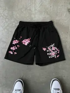 Men's Casual Knit Shorts with Floral Cherry Blossom Letter Print, Fitted Summer Outdoor Wear, Moderate Thickness Daily Fashion