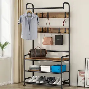 Coat Rack Shoe Bench 3-in-1 Hall Tree Storage Shelf Organizer for Entryway Heavy Duty MDF Stand Coat Rack Industrial Accent Furniture Metal Steel Hook
