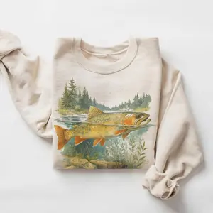 Retro 90s Fish Sweatshirt Vintage Trout Fishing Unisex Crewneck Wildlife Rustic Pullover Gift Gildan Fabric 50/50 Cotton/Polyester Blend