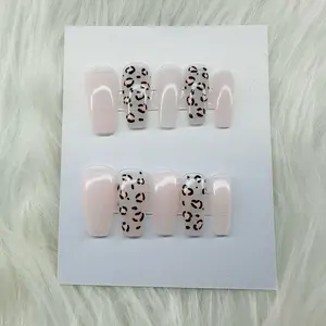 Baby Pink and Pearl Cheetah Coffin press on Nails Medium Length Press-On Kit with Nail File, Cuticle Pusher, Alcohol Wipe & Care Card for Custom Fit