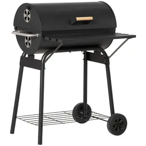 Outsunny 30" Portable Barrel Charcoal BBQ Grill, Steel Outdoor Barbecue Smoker with 370 Square Inches Cooking Space, Storage Shelf, Wheels for Garden Camping Picnic, Black